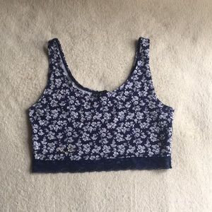 Blue and White Floral Lace Edge Crop Top